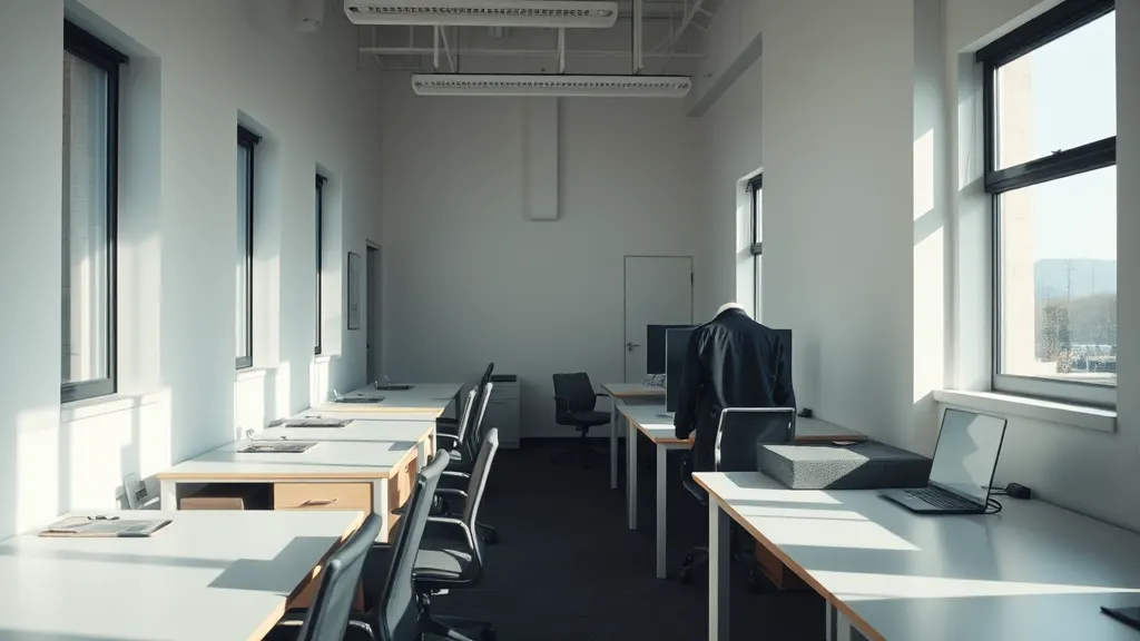 A small company's office, with desks along one wall